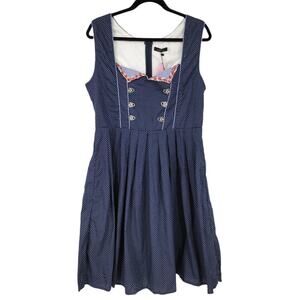 Classic The Fashion Design Blue White Polka Dot Retro Pin Up Dress Size Large